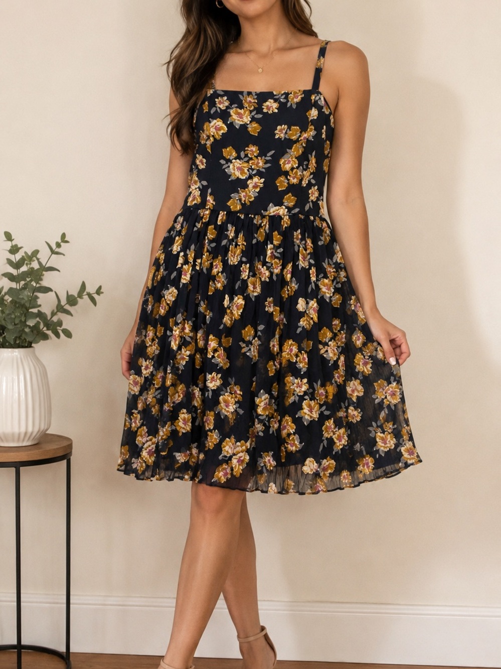 Floral Square-Neck Sundress in Navy Blue and Mustard